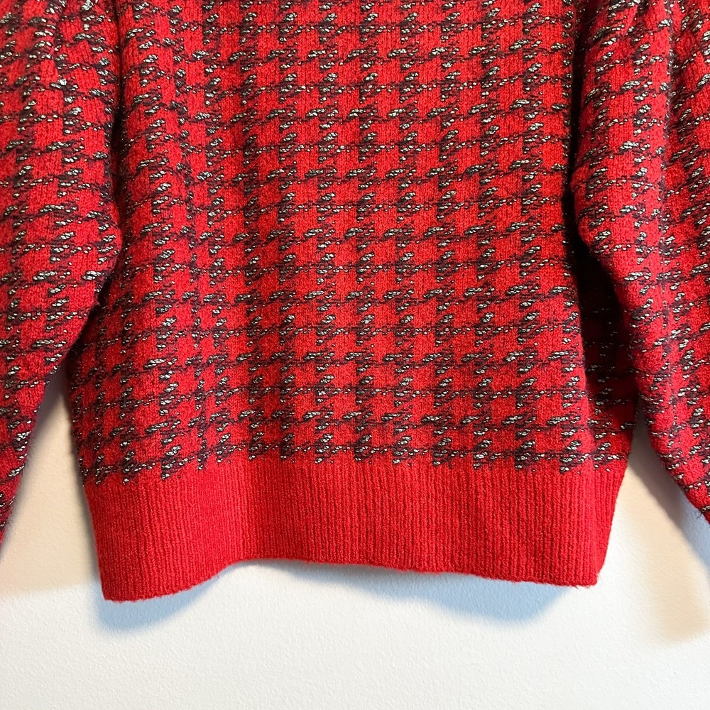 MNG Mango Houndstooth Wool Blend Knit Sweater Size S Red Black Metallic - Picture 7 of 13